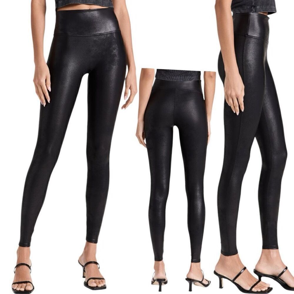 Spanx Women's Faux Leather Pull-On Flat Front Ankle Leggings Black Size Medium